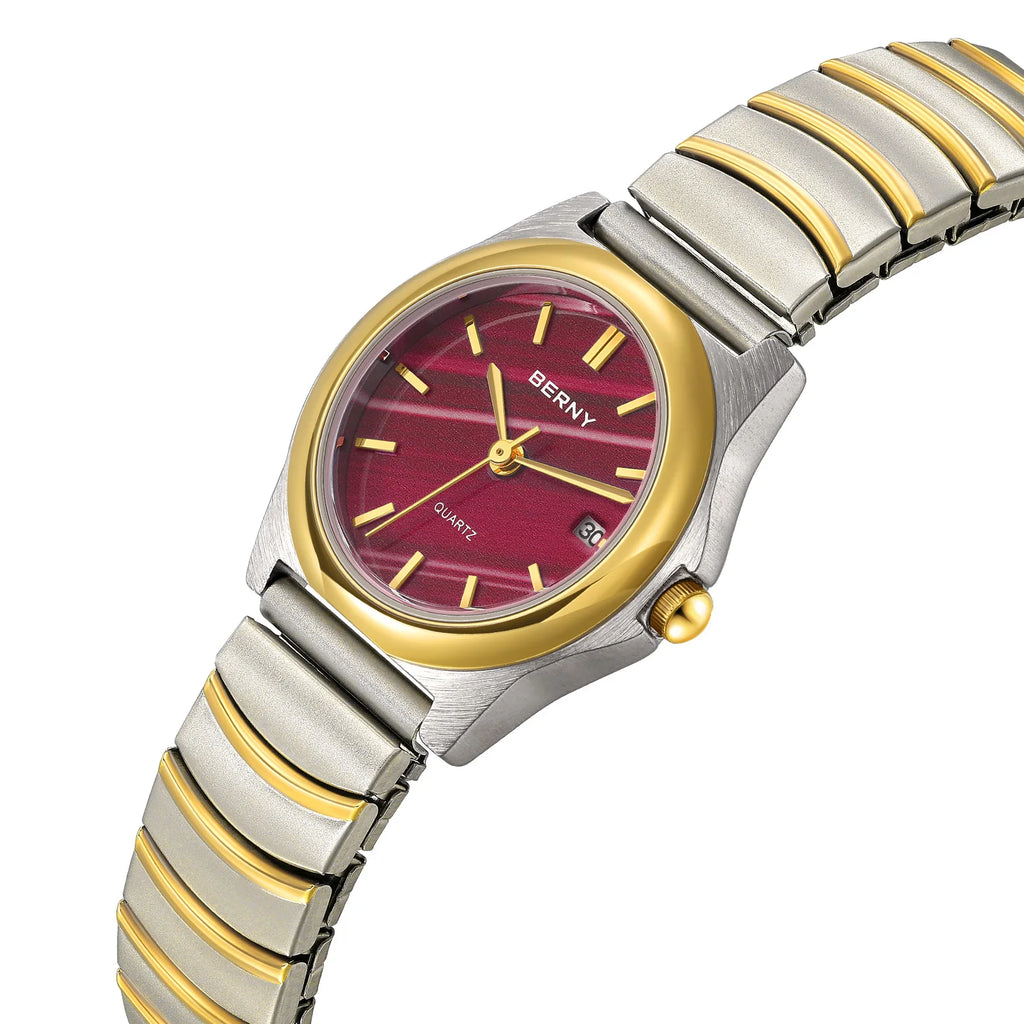 BERNY Gold Quartz Women Watch Fashion Easy Ware Women's Watches 3ATM Waterproof Stainless Steel Gold Expansion Band Ladies Watch