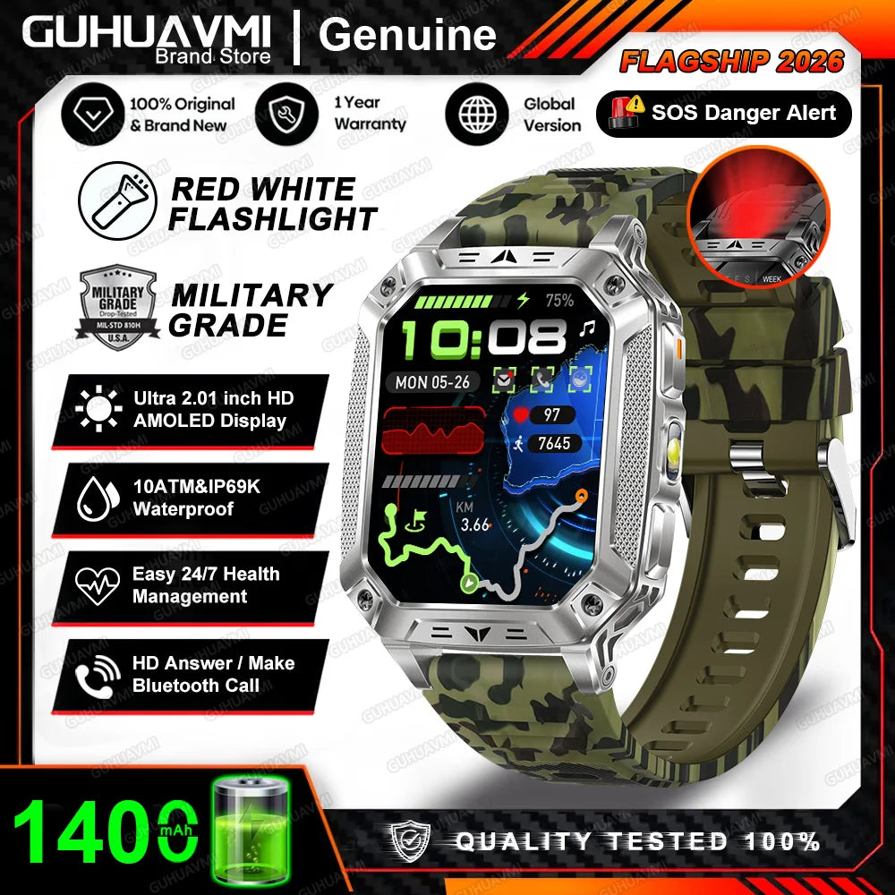 2026 New Built-in 1400mAh Super Large Battery Men Smart Watch Outdoor GPS 2.01"AMOLED Screen 10ATM Waterproof BT Call Smartwatch