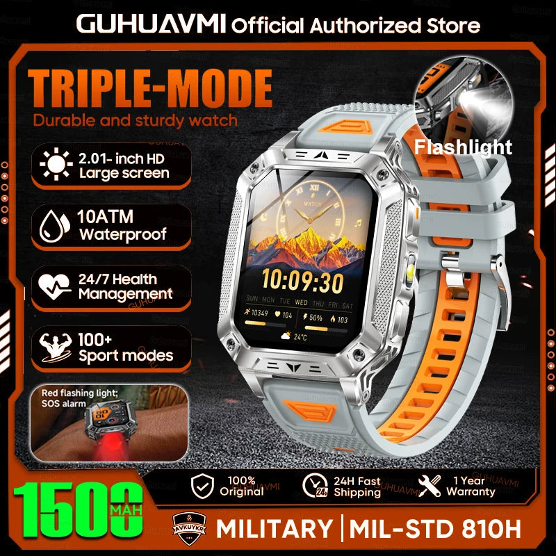 1500mAh Military Grade Smart Watch 100 Days Battery Life 10ATM Waterproof Bluetooth Call SOS Alert LED Flashlight Sports Watches