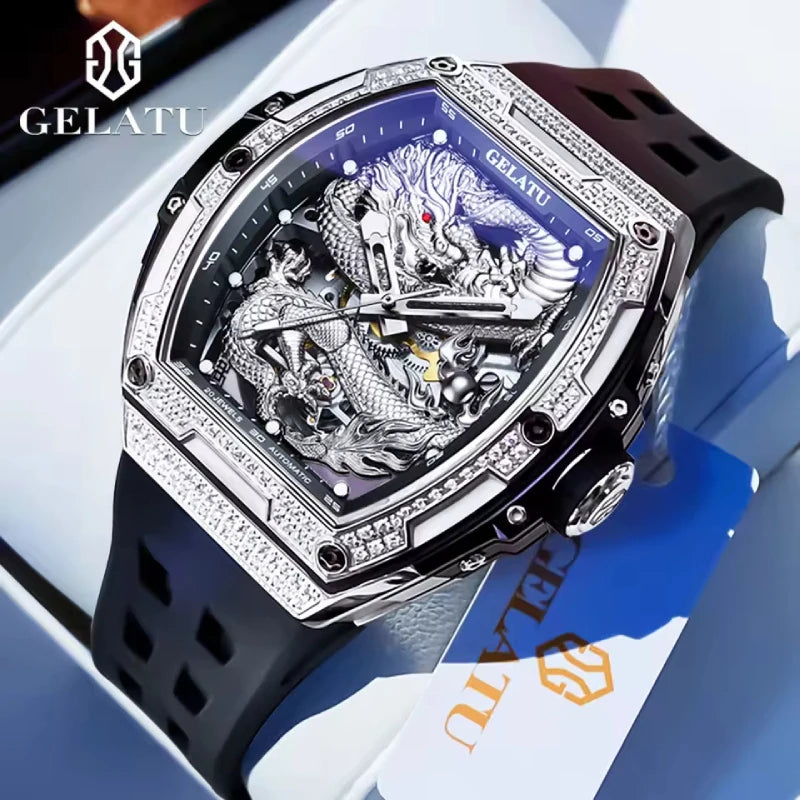 GELATU Brand Hollow Men Watch Silicone Strap Waterproof High end Full Diamond Dragon Dial Brand Automatic Mechanical Watch 6021