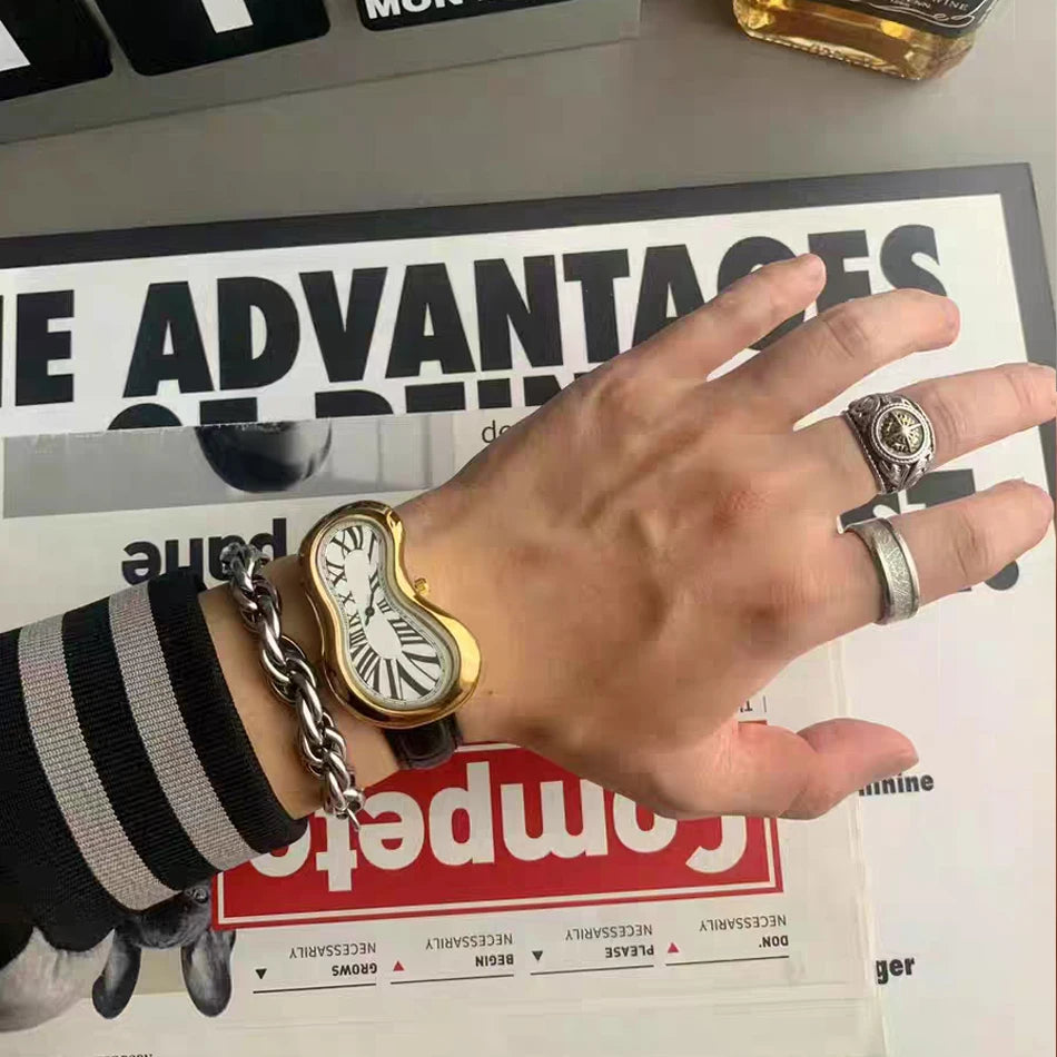 Original Y2K Men's Watch Irregular Creative Crash Melting Twist Watch For Men Genuine Leather Advanced Creative Design 여성용 손목시계