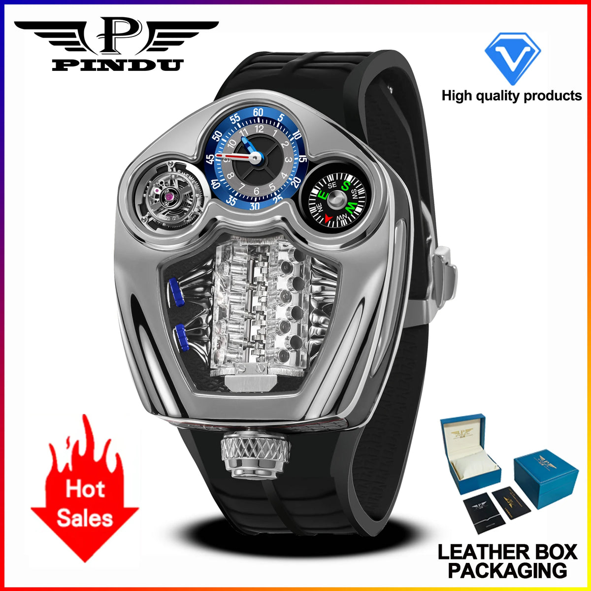 PINDU Design NEW Engine Series Quartz Watch Men TOP-luxurious Stainless Steel Compass Waterproof Swiss Quartz 762 Movement Watch