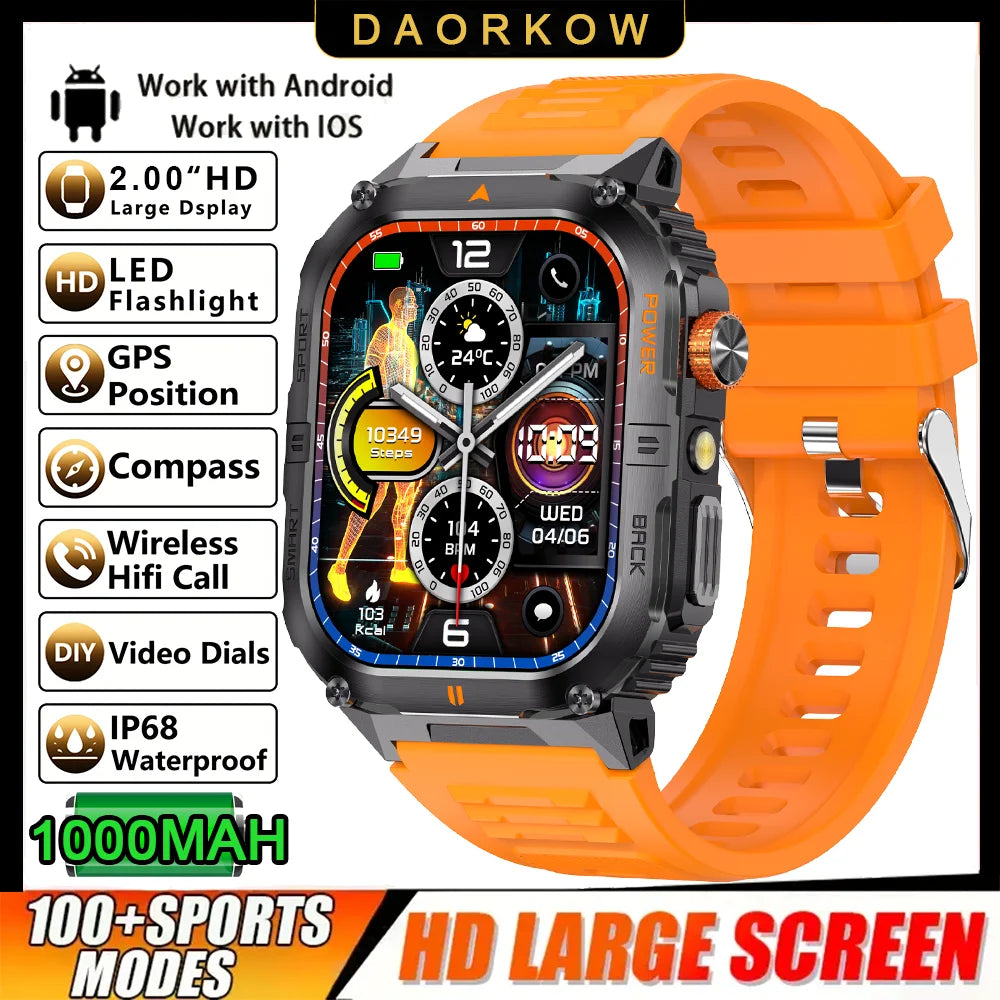 2026 1000mAh military outdoor smartwatch 2.01 inches LED flashlight IP68 waterproof Heart rate sleep Bluetooth call sport watch