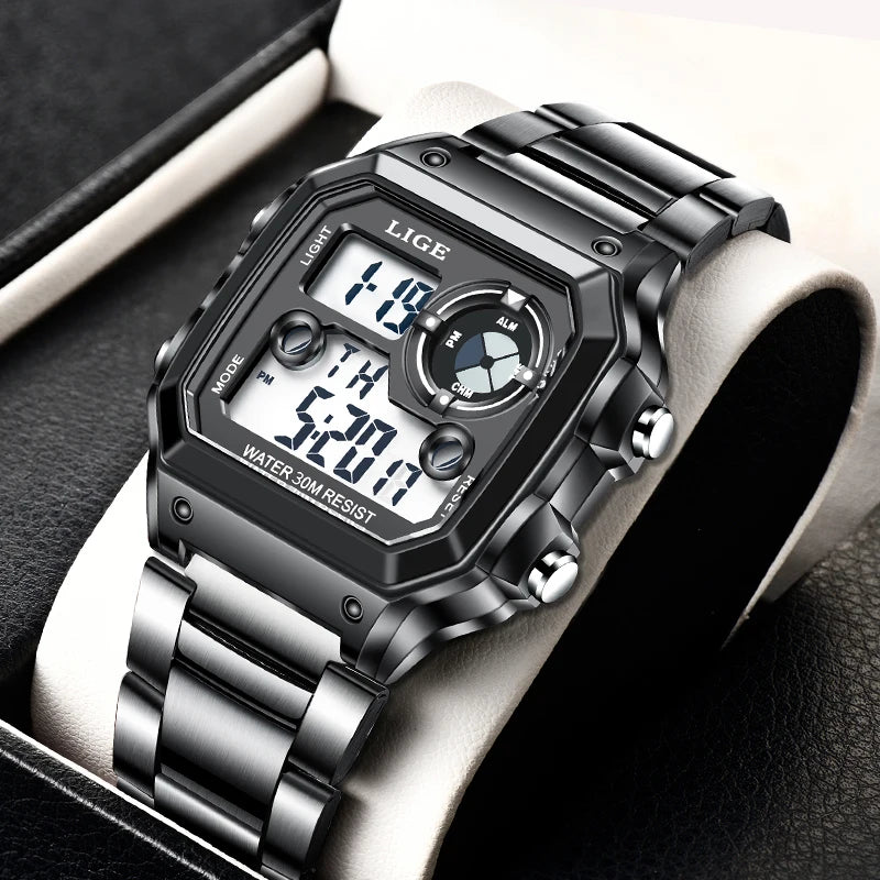 LIGE Eletronic Man Watch Fashion Casual Sport Waterproof Alarm Chronograph Stainless Steel Dual Digital Display Watches for Men