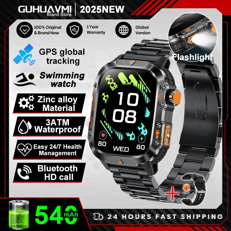 2026 New Military Grade Outdoor GPS Smart Watches Men Compass Heart Rate BT Call LED Flashlight 10ATM Waterproof Swim Smartwatch