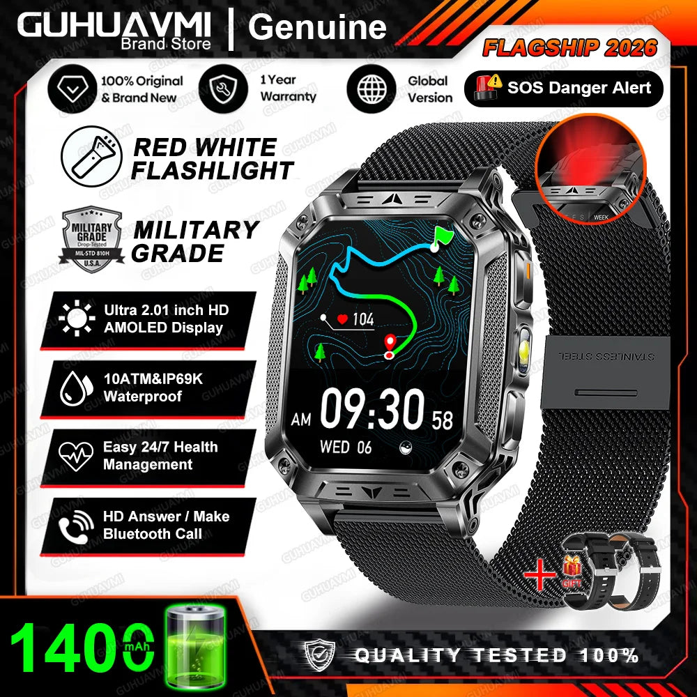 2026 New Built-in 1400mAh Super Large Battery Men Smart Watch Outdoor GPS 2.01"AMOLED Screen 10ATM Waterproof BT Call Smartwatch