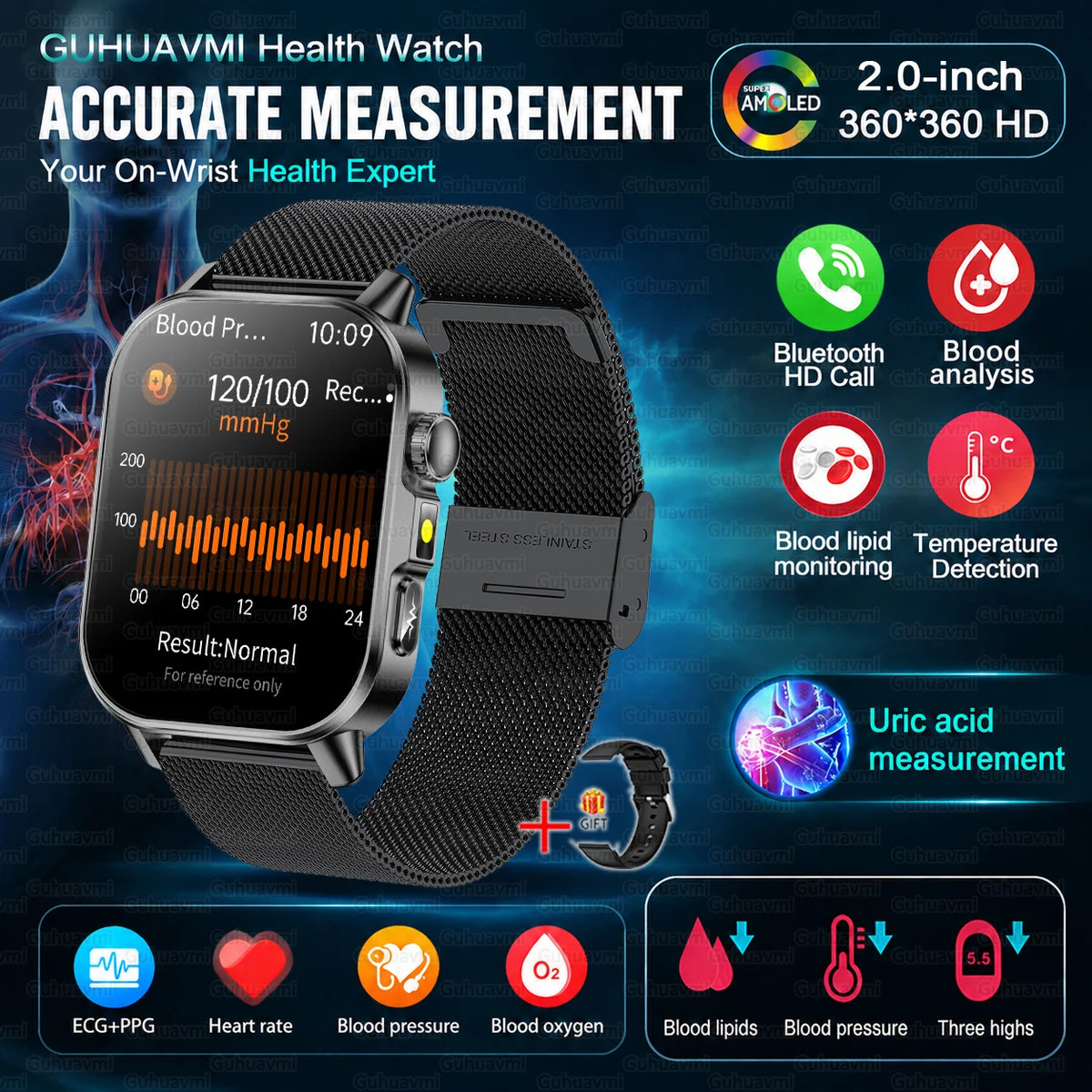 2026 Nursing Grade Smartwatch Men 2.0inch AMOLED ECG Heart Health BP Lipid Uric Acid Monitor Bluetooth Call Outdoor Sports Watch