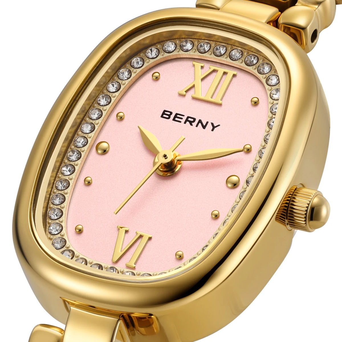BERNY Golden Watches for Women Elegant Ladies Quartz Watch Luxury Slim Oval Fashion Casual Minimalist Party Gift Wristwatch
