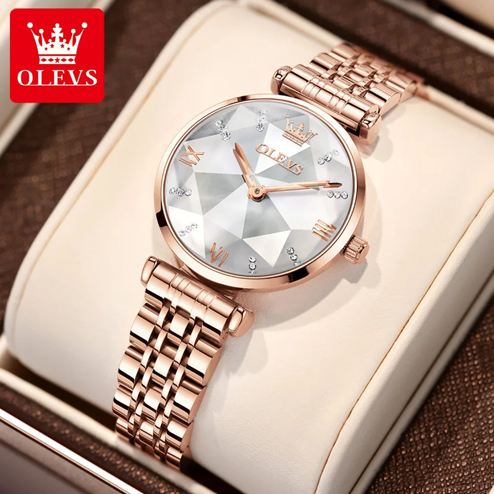 OLEVS Women's Watches Luxury Fashion Fine Steel Rose Gold Strap Rhombus Mirror Original Quartz Wristwatch Waterproof Trend Dress