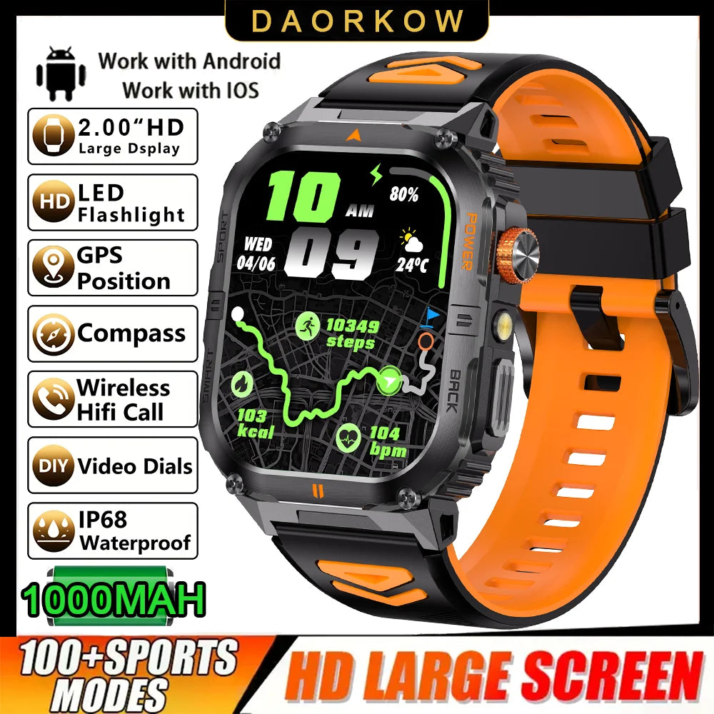 2026 1000mAh military outdoor smartwatch 2.01 inches LED flashlight IP68 waterproof Heart rate sleep Bluetooth call sport watch