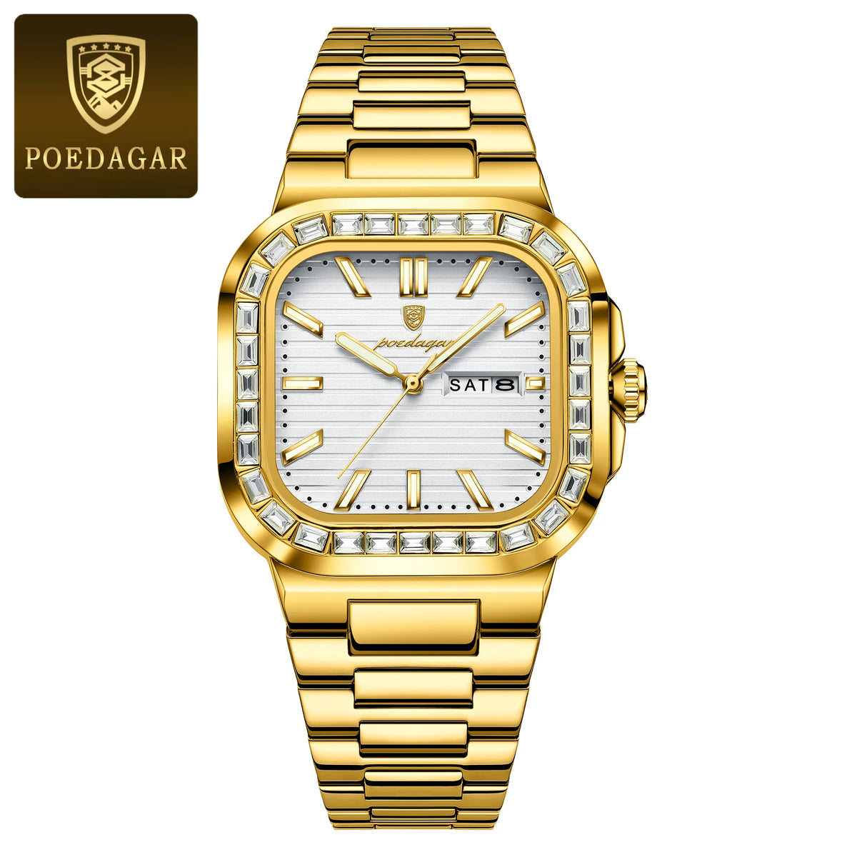 POEDAGAR Square Fashion Men's Watch Date Week Waterproof Luminous Quartz Man Watch Stainless Steel Luxury Sports Watches For Men