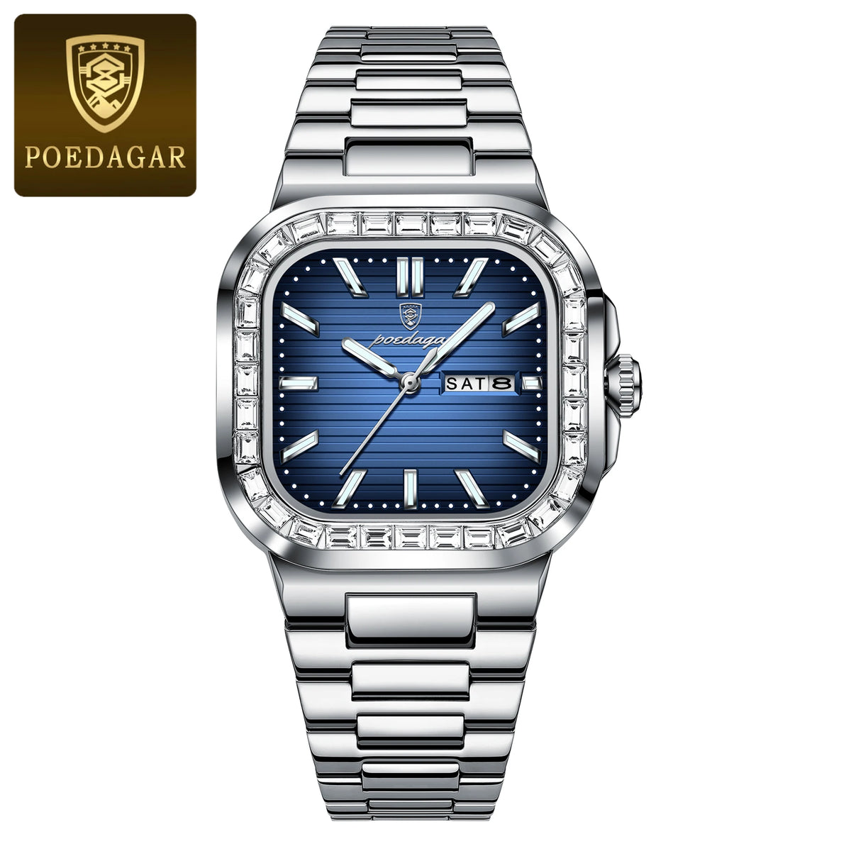 POEDAGAR Square Fashion Men's Watch Date Week Waterproof Luminous Quartz Man Watch Stainless Steel Luxury Sports Watches For Men