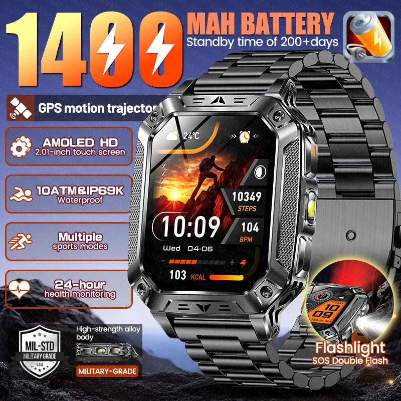 2026 New Built-in 1400mAh Super Large Battery Men Smart Watch Outdoor GPS 2.01"AMOLED Screen 10ATM Waterproof BT Call Smartwatch