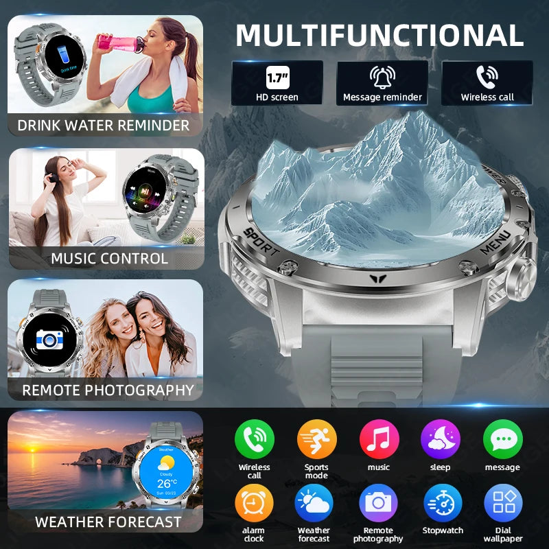 New Men Military Outdoor 1000mAh Battery Smart Watch GPS NFC Watches 3ATM Waterproof Swim 1.7-inch HD Bluetooth Call Smartwatch