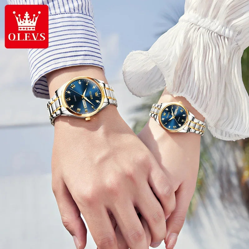 OLEVS  Couple Watch Luxury Gold Diamond Dual Calendar Waterproof Watch Fashion Brand Quartz Appointment Clock Couple Watch 5563