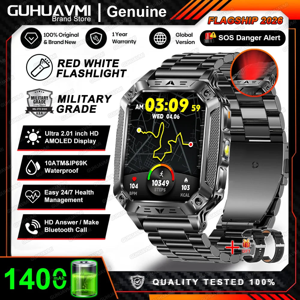 2026 New Built-in 1400mAh Super Large Battery Men Smart Watch Outdoor GPS 2.01"AMOLED Screen 10ATM Waterproof BT Call Smartwatch