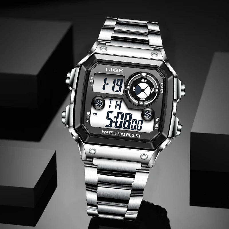 LIGE Eletronic Man Watch Fashion Casual Sport Waterproof Alarm Chronograph Stainless Steel Dual Digital Display Watches for Men