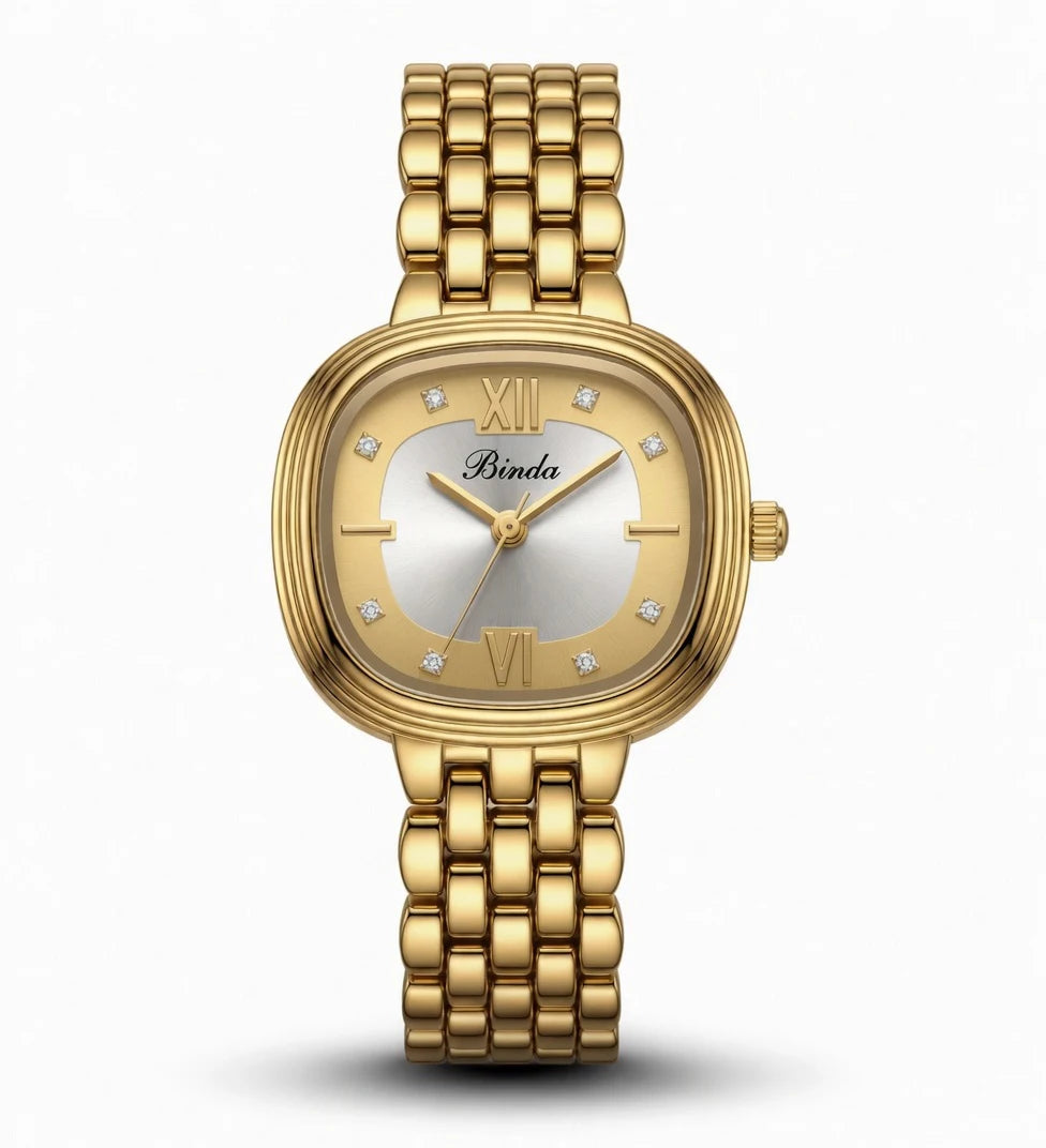 Binda Women's Retro Gold Square Quartz Watch - Roman Numerals, Two-Tone Dial, Gold Metal Bracelet, Elegant Light Luxury