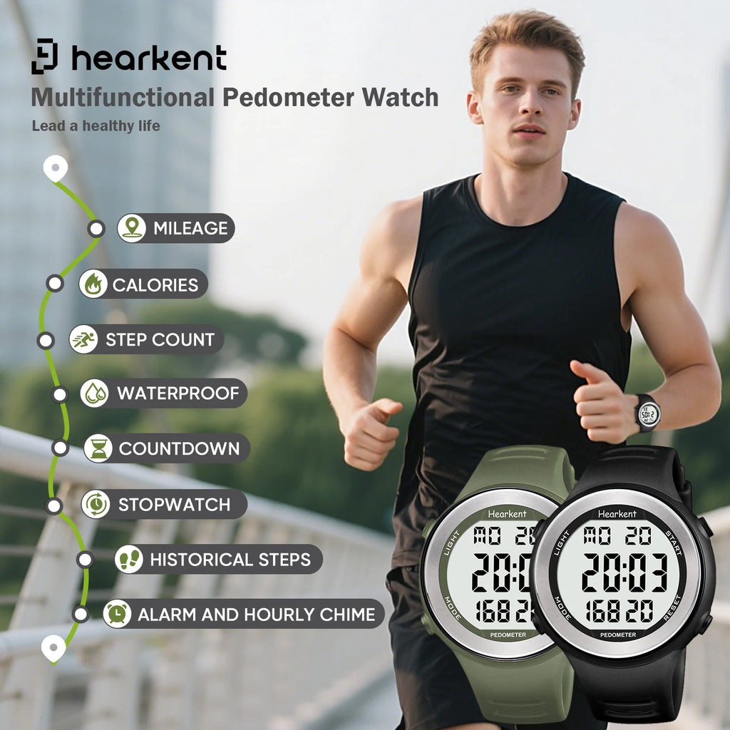 Hearkent Pedometer Watch Men Waterproof Step Counter Calorie Tracker Women Back Light Display Countdown Digital Sport Watches
