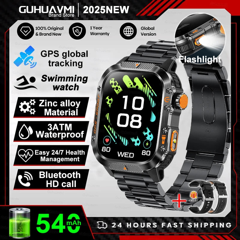 2026 New Military Grade Outdoor GPS Smart Watches Men Compass Heart Rate BT Call LED Flashlight 10ATM Waterproof Swim Smartwatch