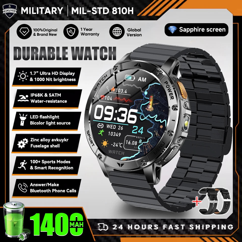 New Outdoor Sports Fitness 1.7 Inch Smart Watch 1400mAh Battery Waterproof SOS Dual-Color Flashlight BT Call Smart watch For Men