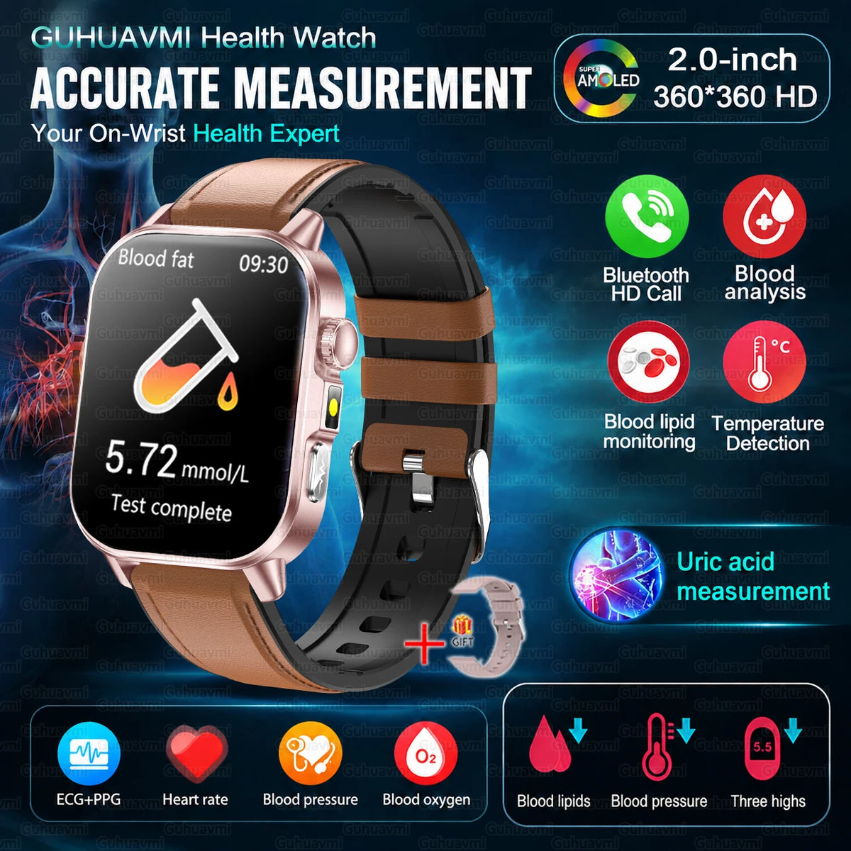 2026 Nursing Grade Smartwatch Men 2.0inch AMOLED ECG Heart Health BP Lipid Uric Acid Monitor Bluetooth Call Outdoor Sports Watch