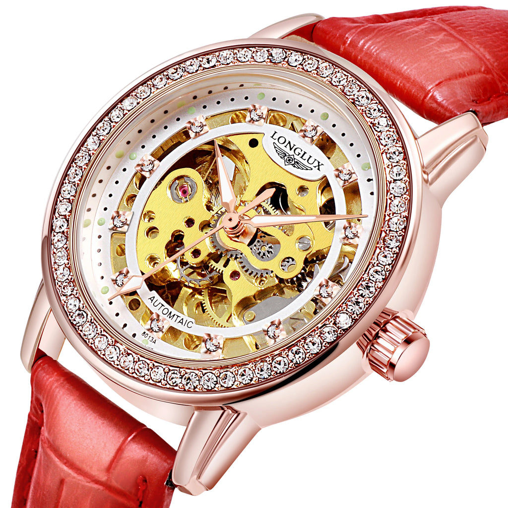 Women automatic watch elegant diamond skeleton fashion cute mechanical watches leather dainty waterproof luxury gifts