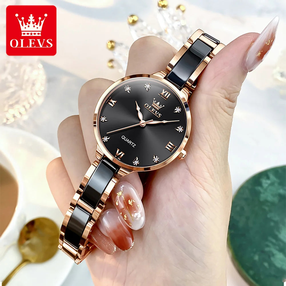 OLEVS 5872 Women Watch Elegant Luxury Original Quartz Watch  Waterproof Luminous Ceramic Strap Watches For Women Bracelet Set