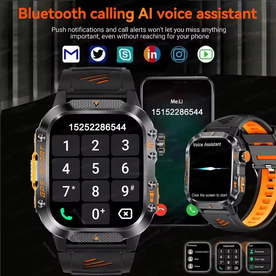 2026 New Military Grade Outdoor GPS Smart Watches Men Compass Heart Rate BT Call LED Flashlight 10ATM Waterproof Swim Smartwatch