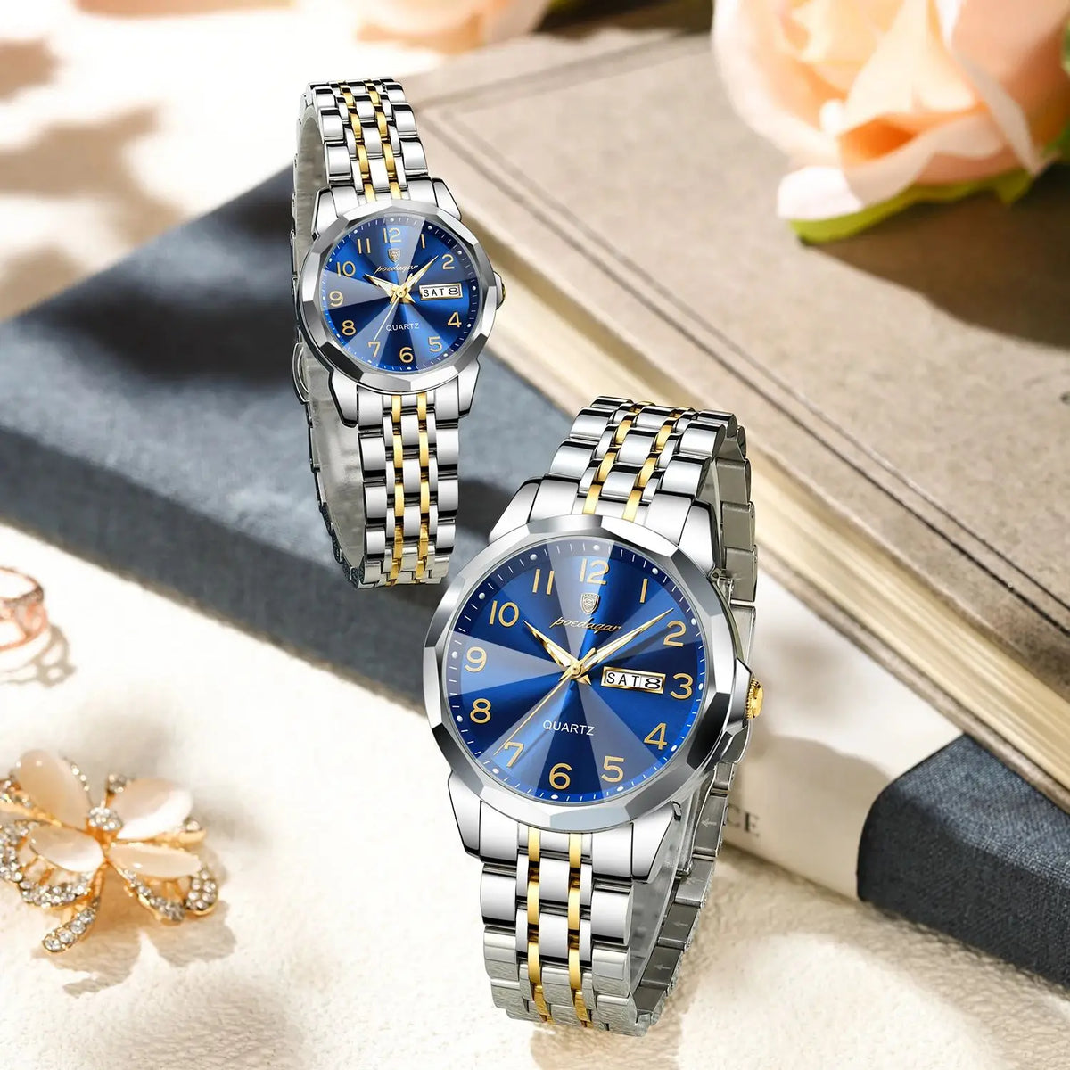 POEDAGAR Brand Watches For Couple Waterproof Date Week Couple's Watches Quartz Stainless Steel Fashion Lovers Watch Set+Box Gift