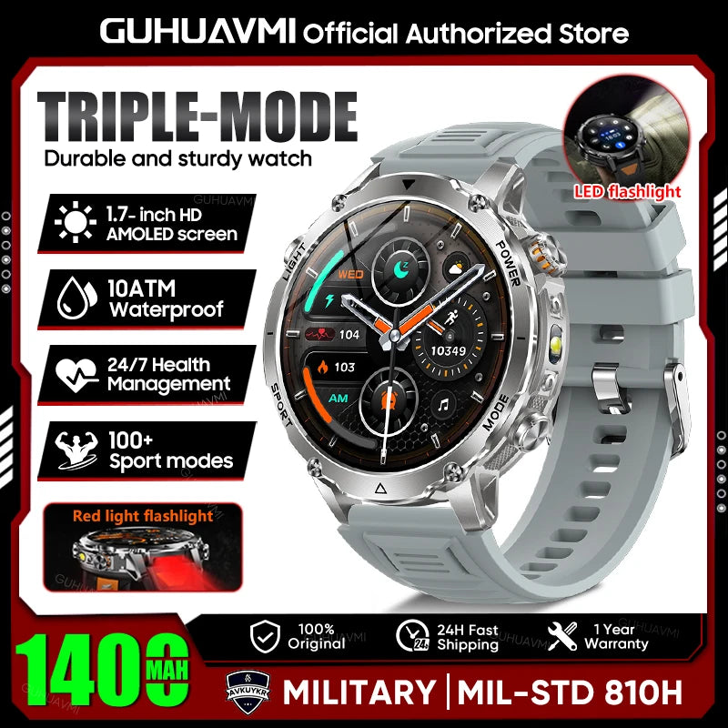 2026 New Military 1400mAh Battery Smart Watch Men Outdoor Flashlight 10ATM Waterproof Heart Rate Bluetooth Call Sports Bracelets