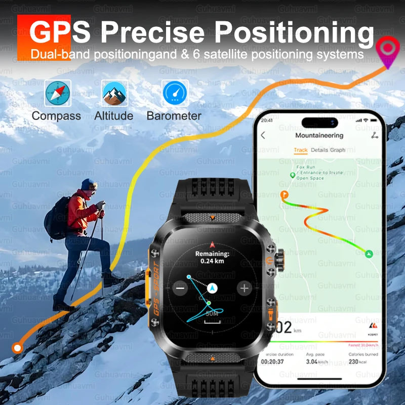 2026 New Military Grade Outdoor GPS Smart Watches Men Compass Heart Rate BT Call LED Flashlight 10ATM Waterproof Swim Smartwatch