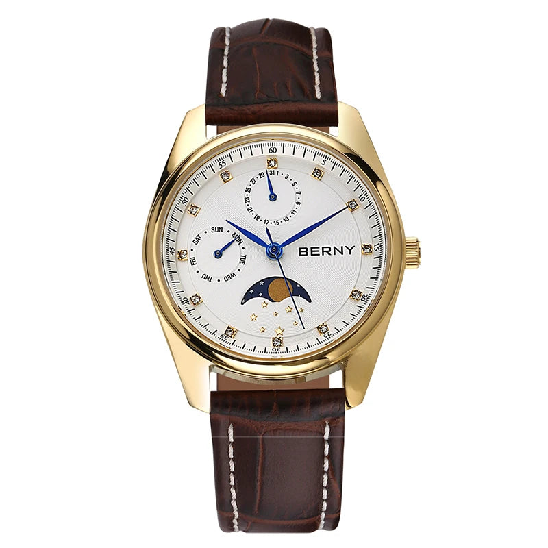 BERNY Couple Quartz Watch Moon Phase Day Top Calendar Men Wristwatch Leather Men/Women Dress Watch MIYOTA 6P20 Gift Watches