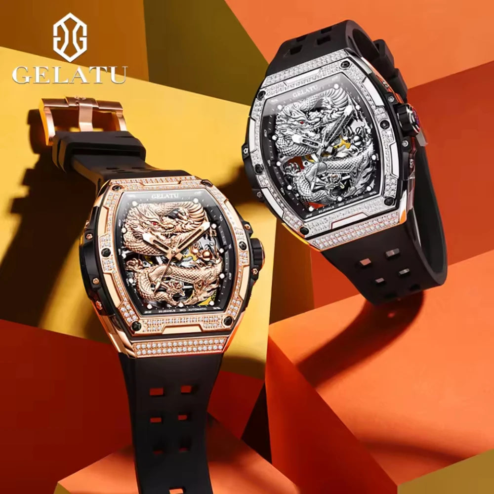 GELATU Brand Hollow Men Watch Silicone Strap Waterproof High end Full Diamond Dragon Dial Brand Automatic Mechanical Watch 6021