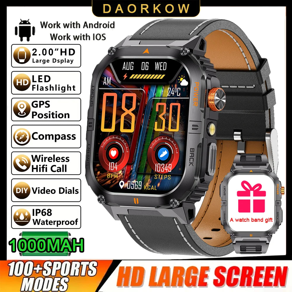 2026 1000mAh military outdoor smartwatch 2.01 inches LED flashlight IP68 waterproof Heart rate sleep Bluetooth call sport watch