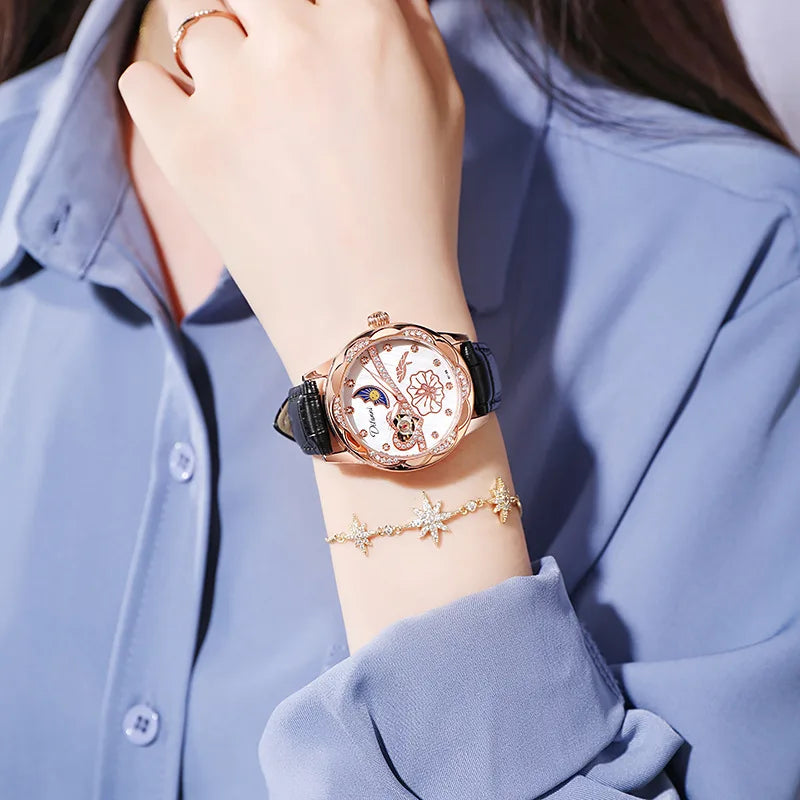 Watches Women Fashion Watch 2023 Automatic Mechanical Rhinestone Skeleton Dial Premium Leather Band Elegant Lady Watch New