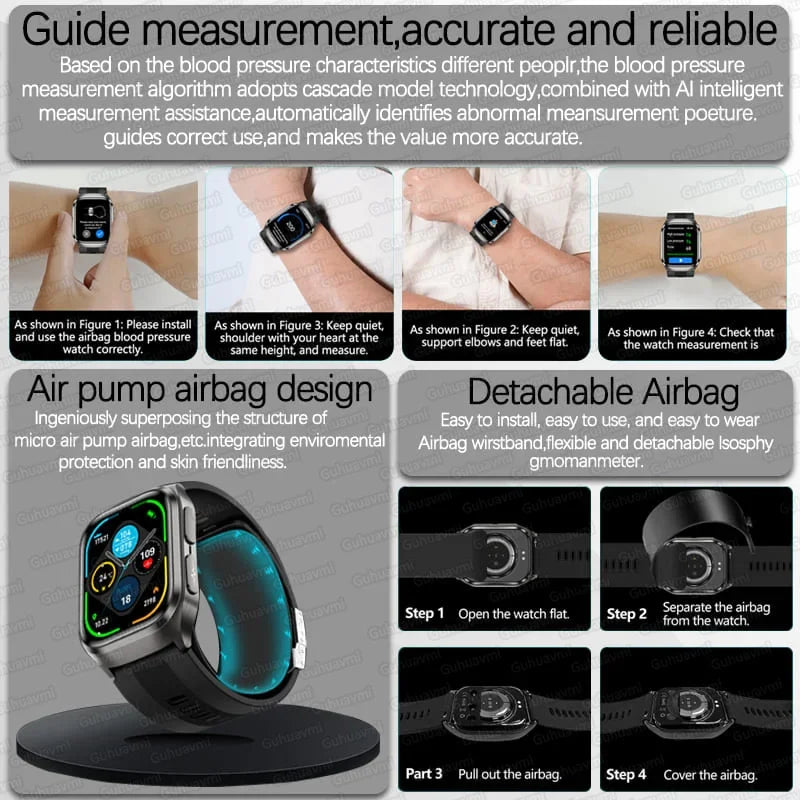 True Blood Pressure Smart Watch Air Pump Airbag Strap ECG PPG SpO2 Heart Rate Sleep Monitor 1.43" AMOLED Health Smart Bracelet