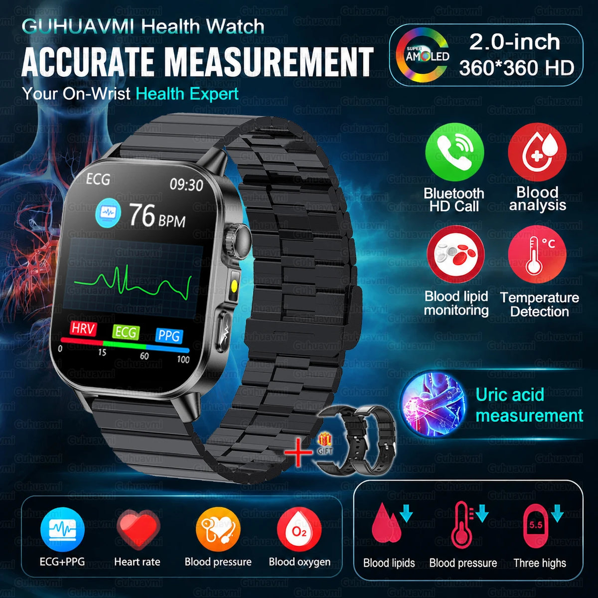2026 Nursing Grade Smartwatch Men 2.0inch AMOLED ECG Heart Health BP Lipid Uric Acid Monitor Bluetooth Call Outdoor Sports Watch