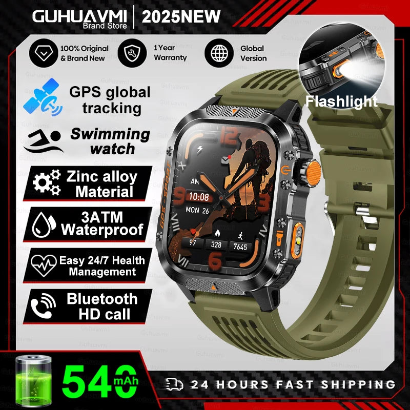2026 New Military Grade Outdoor GPS Smart Watches Men Compass Heart Rate BT Call LED Flashlight 10ATM Waterproof Swim Smartwatch
