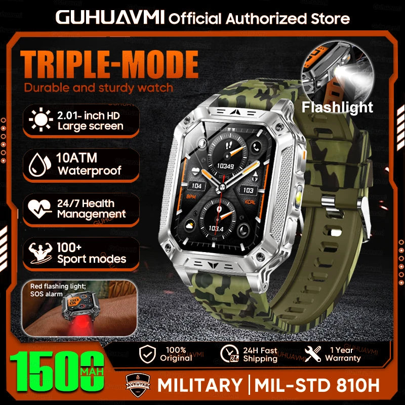 1500mAh Military Grade Smart Watch 100 Days Battery Life 10ATM Waterproof Bluetooth Call SOS Alert LED Flashlight Sports Watches