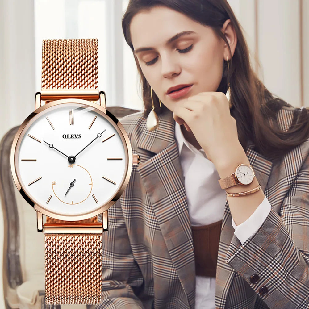OLEVS New Watch For Women Luxury Casual Rose Gold Waterproof Quartz Ladies Wristwatch Mesh Belt Fashion Date Clock Reloj Mujer