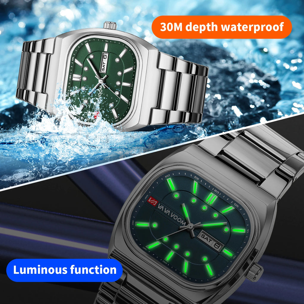 Reloj Hombre Stainless Steel Men Watch 40mm Square Quartz Movement Black Diving Sports Clock Business Banquet Week Watch for Men