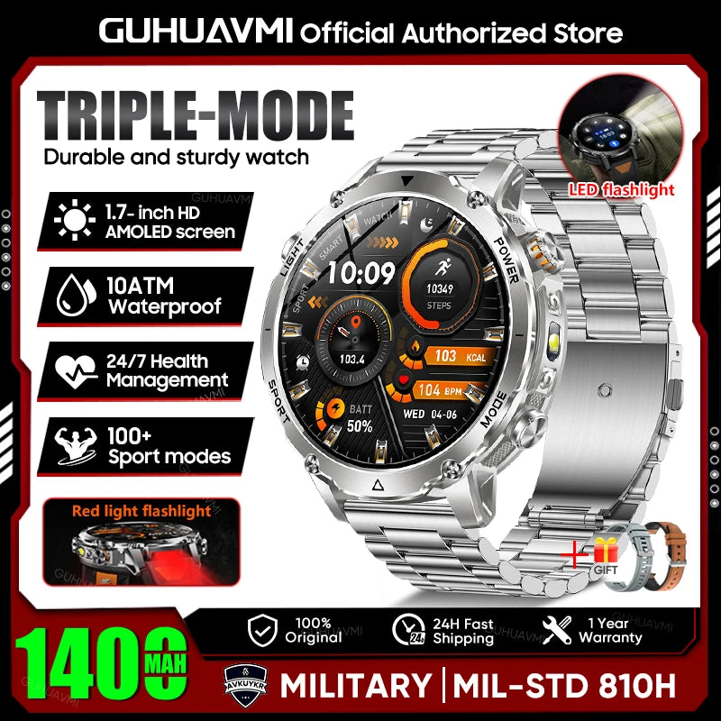 2026 New Military 1400mAh Battery Smart Watch Men Outdoor Flashlight 10ATM Waterproof Heart Rate Bluetooth Call Sports Bracelets
