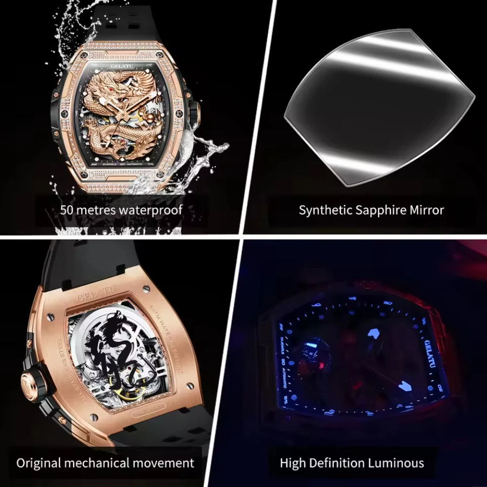 GELATU Brand Hollow Men Watch Silicone Strap Waterproof High end Full Diamond Dragon Dial Brand Automatic Mechanical Watch 6021