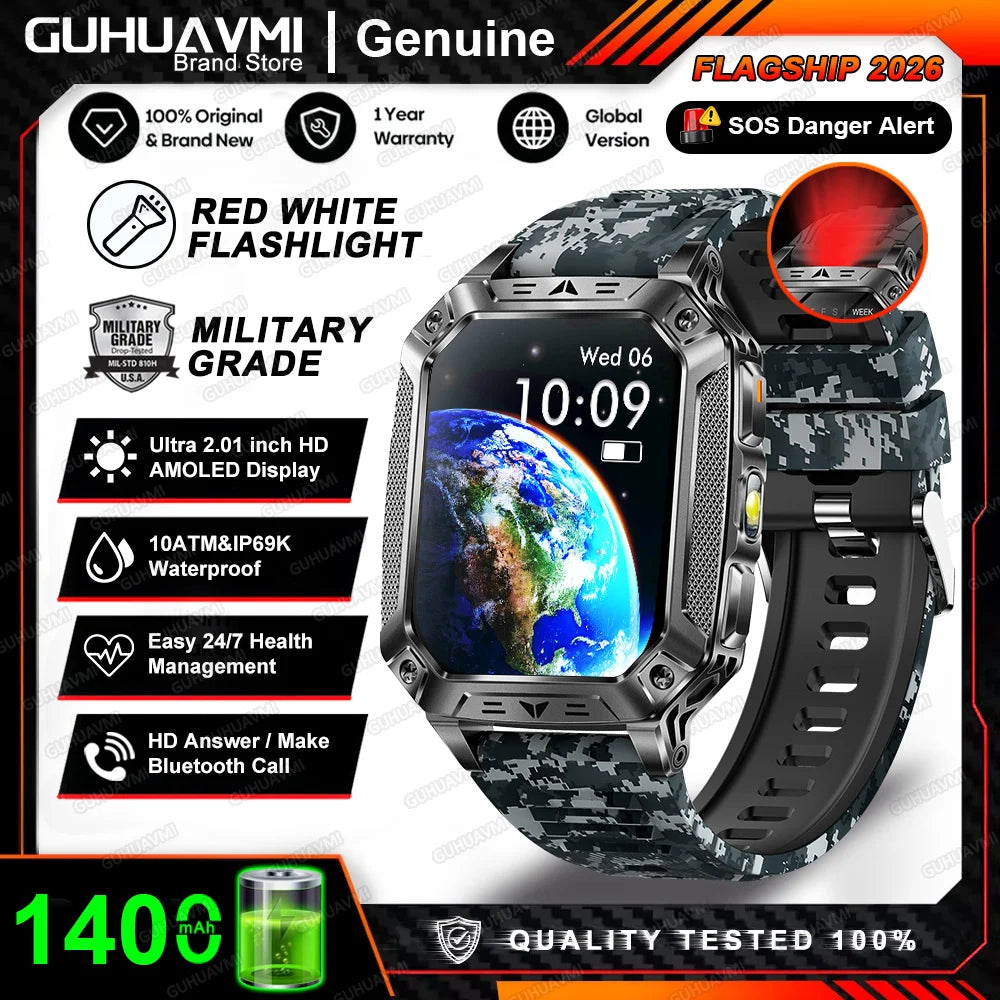 2026 New Built-in 1400mAh Super Large Battery Men Smart Watch Outdoor GPS 2.01"AMOLED Screen 10ATM Waterproof BT Call Smartwatch