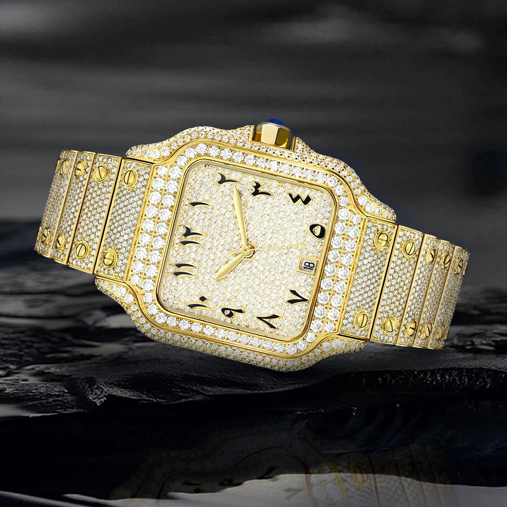 High End Square Design Luxury Gold VVS Moissanite Watch Waterproof Mens Diamond Iced Out Wrist Watches