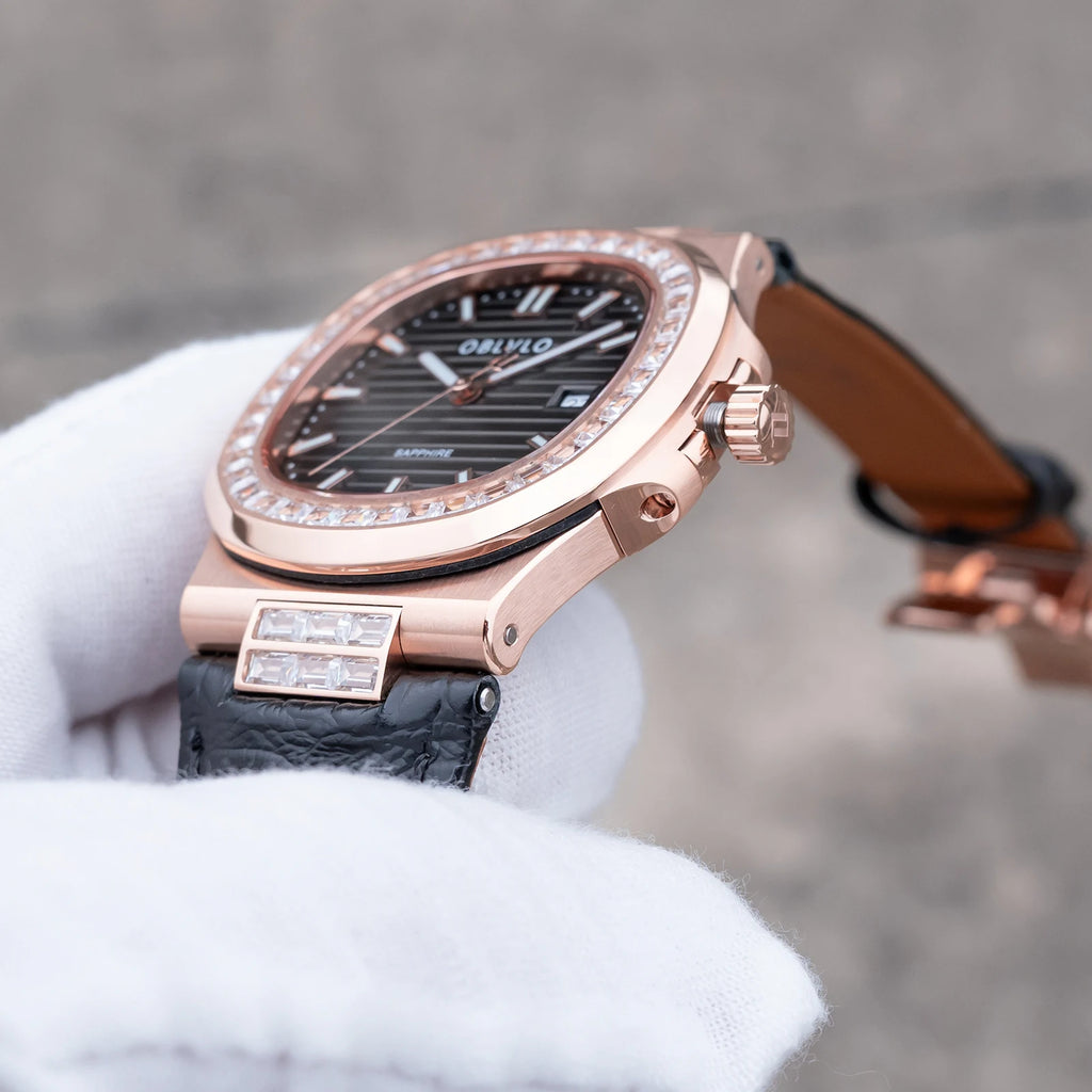 OBLVLO Fashion Men's Watch Rose Gold Case Diamonds Bezel Swiss Quartz Luminous Hands Sapphire Crystal Leather Strap FM-YWL-D