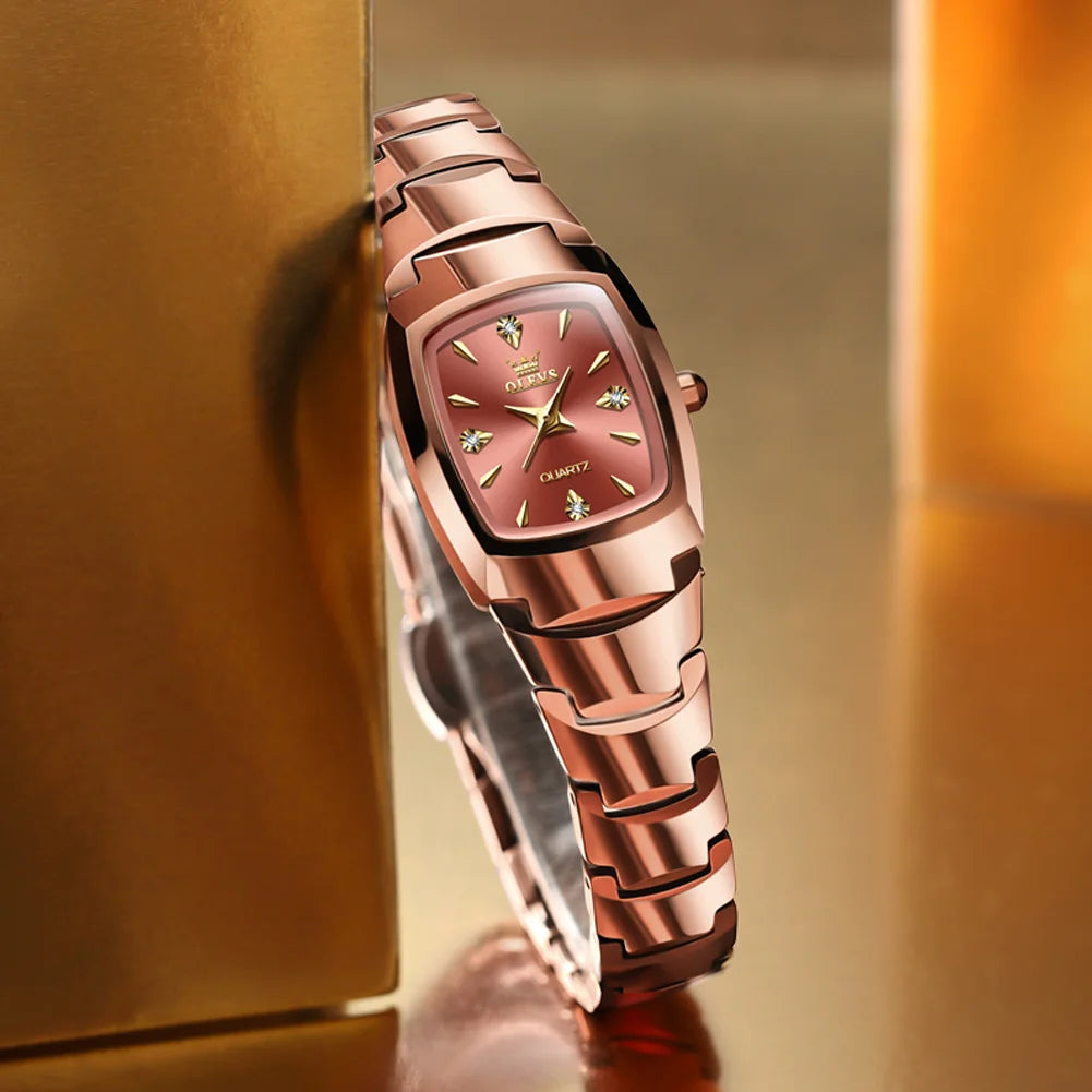 Luxury Mini Tonneau Ladies Watch OLEVS Brand Rose Gold Tungsten Steel Band Rhinestone Crystal Gradient Dial Small Wrist Watch