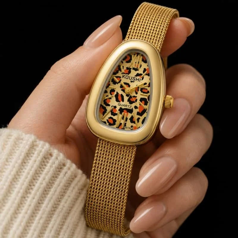 KOUSHI Vintage Leopard Print Dial Women's Quartz Watch Luxury Mesh Band Ladies Wristwatch Fashion Jewelry Gift for Daily Party