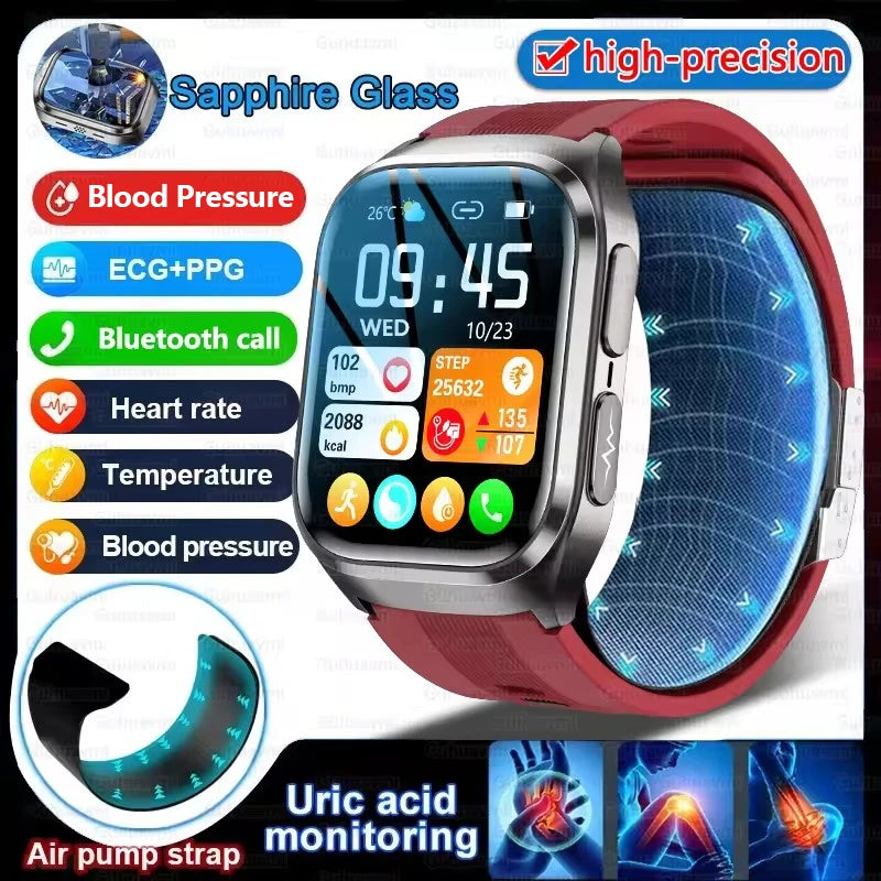 2026New Heart Health Analysi NFC Air Pump+Air Bag Smart Watch Men Accurate Blood Pressure Uric Acid ECG Call Smart Bracelet lady